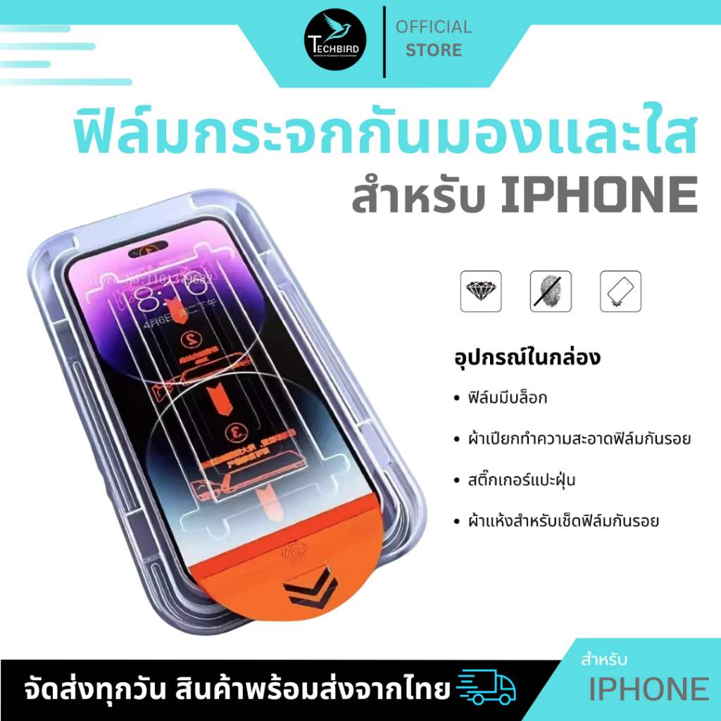 ฟิล์มกระจกนิรภัยปกป้อง กันมอง กันเสือก พร้อมบล็อก ใช้สำหรับ iPhone16 15 14 13 12 11 14 PLUS 15 PRO 6 7 8