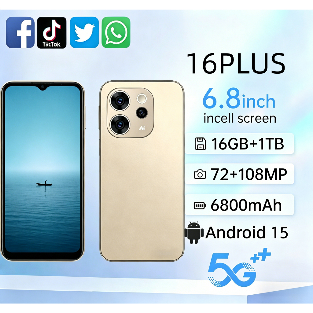 สมาร์ทโฟน16 Plus ขนาด 6.8 นิ้ว รองรับ 5G แบตเตอรี่ 6800 mAh หน่วยความจำ 16+512GB กล้องหน้าและหลัง 50+50MP ระบบปฏิ