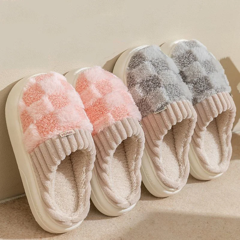 A Like Fashion Couple Winter Slides Warm Plaid Fluffy Slippers Soft Sole Flip Flops For Women And Men Home Indoor Non-slip Cotton Shoes